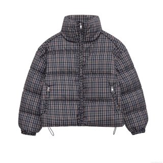 Women's Plaid Puffer Jacket Stand Collar Drawstring Hem Zip-Up Checkered Cotton-Padded Coat Warm Windproof Winter Outwear Casual Fashion Lady