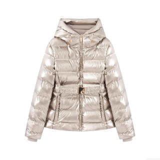 Women's Metallic Shiny Hooded Puffer Jacket Waterproof Thick Padded Coat With Waist Belt Windproof Long Sleeve Outwear For Winter Casual Fashion Warm