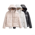 Women Hooded PU Leather Puffer Jacket Quilted Warm Winter Coat Zip Up Windproof Short Parka Casual Solid Outwear for Ladies