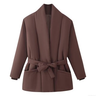 Women's Winter Casual Loose Padded Jacket With Bow Tie Belt Long Sleeve Mid-Length Warm Polyester Coat For Women Daily Wear