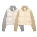 Women's Fashion Knitted Patchwork Padded Jacket Stand Collar Quilted Zip Up Winter Warm Coat Casual Oatmeal Grey Long Sleeve Outerwear