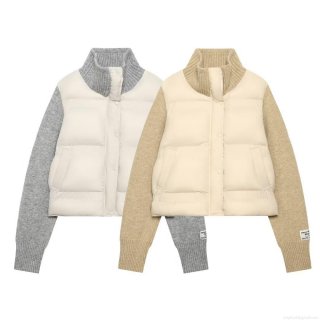 Women's Fashion Knitted Patchwork Padded Jacket Stand Collar Quilted Zip Up Winter Warm Coat Casual Oatmeal Grey Long Sleeve Outerwear