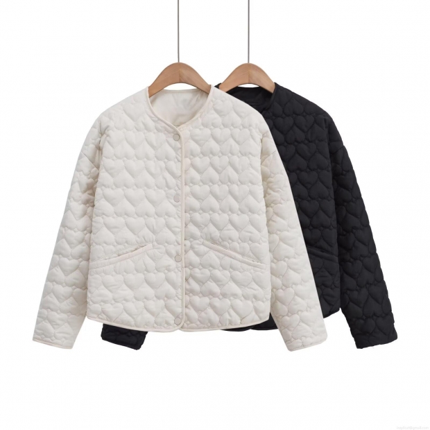 Women Fashion Heart Quilted Padded Jacket Lightweight Polyester Cotton Filling Coat Autumn Casual Loose Round Neck Single Breasted Outerwear For Lady