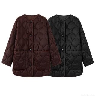 Women's Satin-like Quilted Padded Jacket Onion Pattern Round Neck Loose Fit Single Breasted Coat With Pockets Casual Daily Winter Outwear