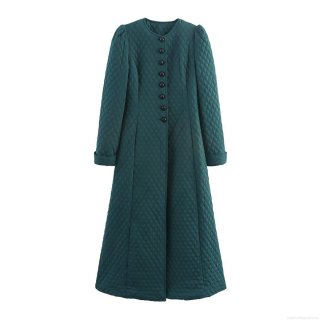 Women Long Quilted Padded Coat Dark Green Rhombus Pattern Single Breasted Round Neck Winter Warm Jacket Casual Fashion Outdoor Maxi Outerwear Polyester