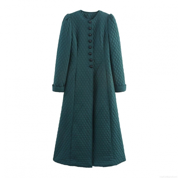 Women Long Quilted Padded Coat Dark Green Rhombus Pattern Single Breasted Round Neck Winter Warm Jacket Casual Fashion Outdoor Maxi Outerwear Polyester