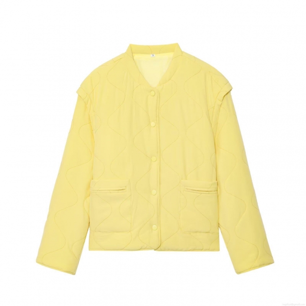Women's Casual Wave Quilted Padded Jacket Loose Round Neck Long Sleeve Lightweight Cotton Coat With Pockets Yellow Autumn Winter