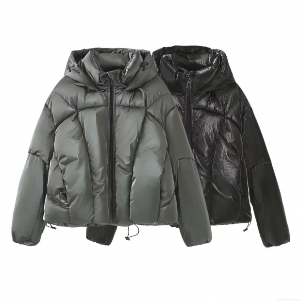 Women's Shiny Metallic Puffer Jacket Hooded Loose Quilted Padded Parka Warm Winter Outerwear Casual Zip-Up Bread Coat With Drawstring