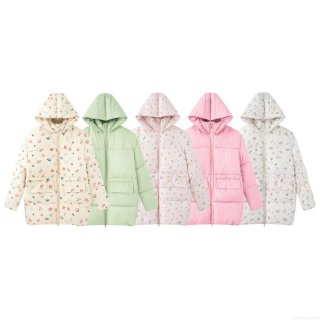 Women's Sweet Floral Hooded Puffer Jacket Warm Cotton Blend Windproof Mid-length Coat Casual Retro Bubble Sleeve Winter Outwear With Large Pockets