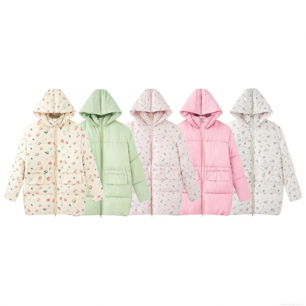 Women's Sweet Floral Hooded Puffer Jacket Warm Cotton Blend Windproof Mid-length Coat Casual Retro Bubble Sleeve Winter Outwear With Large Pockets