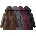 Women's Mid-Length Hooded Puffer Jacket Quilted Cotton-Padded Winter Coat With Drawstring Waist Casual Windproof Outerwear Warm Parka For Ladies
