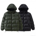 Women's Glossy Hooded Puffer Jacket Shiny Quilted Winter Coat With Zip Pockets Warm Padded Cotton Blend Outerwear Fashion Solid Color Casual Ladies Jacket