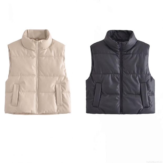 Women's Fashion PU Leather Padded Vest Casual Stand Collar Quilted Sleeveless Jacket With Pockets Warm Solid Color Autumn Winter Waistcoat For Women Ladies