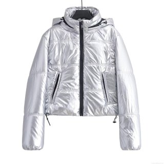 Women's Metallic Puffer Jacket Shiny Coated Hooded Zip Up Short Coat Winter Outdoor Warm Fashion Modern Padded Outerwear