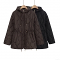 Women's Casual Quilted Padded Jacket Hooded Scallop Pattern Quilting Drawstring Waist Mid-Length Outerwear Coat With Zipper Pockets Solid Color Autumn Winter Warm Loose Jacket For Women