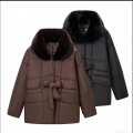 Women's Padded Puffer Jacket With Detachable Faux Fur Collar Thickened Quilted Winter Coat With Bow Tie Belt Mid-Length Warm Windproof Outwear For Women