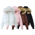 Women's Winter Hooded Cotton Padded Jacket With Faux Fur Collar Knit Patchwork Thumb Hole Cuffs Windproof Warm Loose Fit Coat