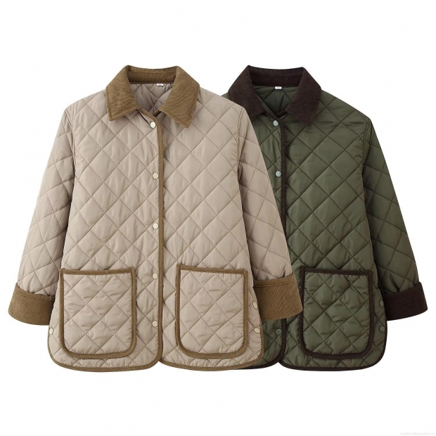 Women's Retro Diamond Quilted Jacket With Corduroy Collar Loose Fit Single Breasted Long Sleeve Casual Padded Coat For Winter