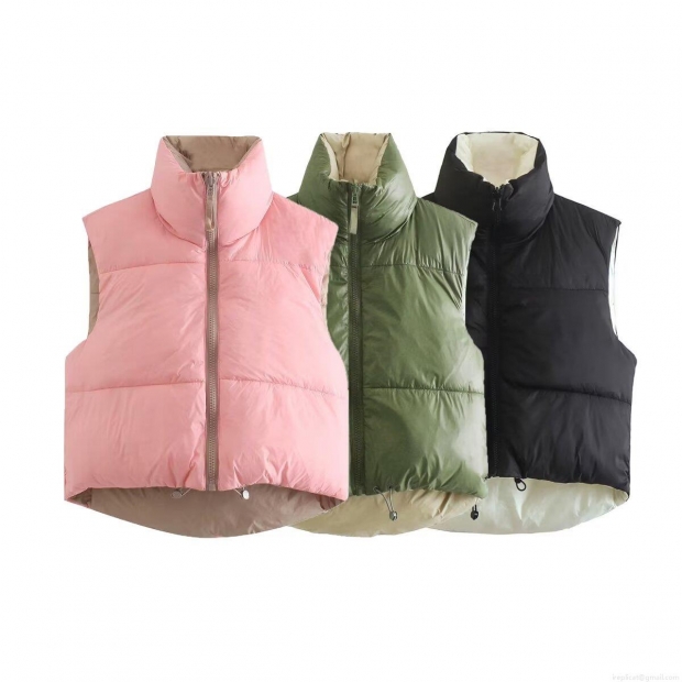 Women Short Puffer Vest Stand Collar Quilted Sleeveless Down Cotton Jacket Zipper Up Reversible Winter Warm Waistcoat For Streetwear Outdoor Casual Lady