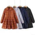 Women's Vintage Quilted Padded Jacket Mid-Length Flare Skirt Hem Cotton Blend Coat Warm Single Breasted Square Collar Winter Parka Outerwear