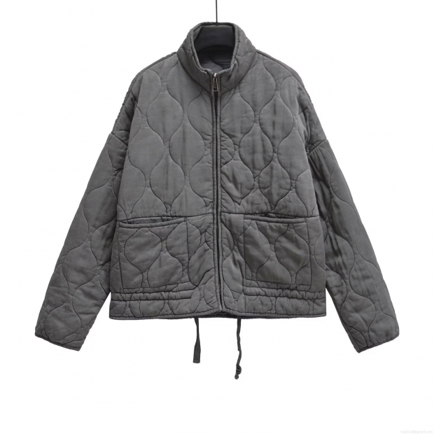 Women's Casual Quilted Puffer Jacket Stand Collar Zip Up Cotton Blend Padded Coat With Drawstring Hem Patch Pockets Vintage Loose Outerwear Winter