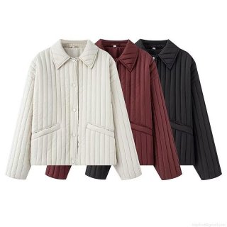 Women's Quilted Padded Jacket Cotton Blend Warm Coat Heart Shaped Buttons Vertical Stripe Stitching Long Sleeve Shirt Collar Vintage Fall Winter Outwear
