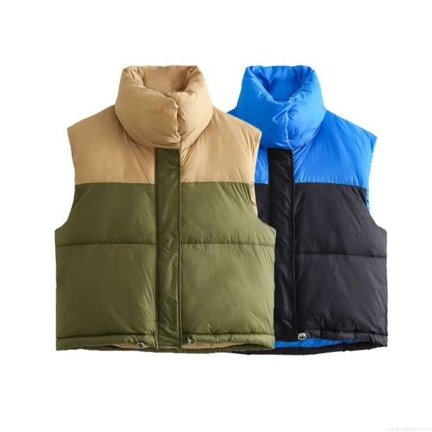 Women's Puffer Vest 100% Polyester Color-block Stand-up Collar Sleeveless Cotton Padded Jacket With Zipper Drawstring Hem For Casual Outdoor Winter Wear