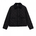 Women's Casual Diamond Quilted Cotton Padded Jacket With Corduroy Collar Vintage Short Long Sleeve Warm Outerwear Snap Button Puffer Coat For Autumn Winter Fashion Women