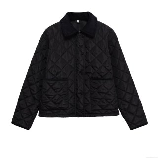 Women's Casual Diamond Quilted Cotton Padded Jacket With Corduroy Collar Vintage Short Long Sleeve Warm Outerwear Snap Button Puffer Coat For Autumn Winter Fashion Women
