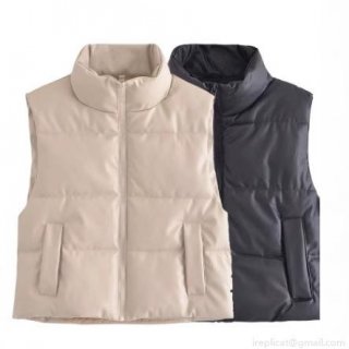 Women PU Leather Puffer Vest Stand Collar Quilted Sleeveless Padded Jacket Zip Up Warm Gilet Solid Color Fashion Casual Waistcoat For Women Daily Outwear