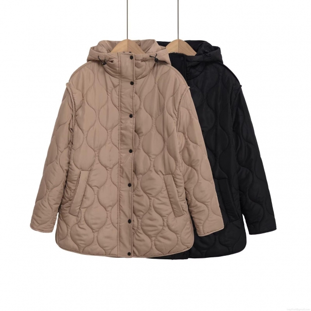 Women's Casual Onion Quilted Padded Jacket Hooded Loose Autumn Winter Long Sleeve Cotton Blend Coat With Metal Snaps Solid Color Outerwear