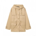 Women's Khaki Hooded Utility Jacket Casual Drawstring Waist Multi Cargo Pocket Polyester Windbreaker Coat Outwear For Spring Autumn Women
