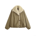 Women's Fashion Padded Jacket With Faux Fur Collar Horn Buckle Short Loose Khaki Cotton Coat For Autumn Winter Casual Warm Outerwear