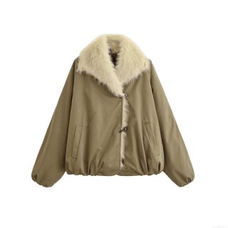 Women's Fashion Padded Jacket With Faux Fur Collar Horn Buckle Short Loose Khaki Cotton Coat For Autumn Winter Casual Warm Outerwear