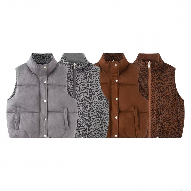 Women's Reversible Leopard Print Padded Vest Stand Collar Suede Quilted Down Cotton Sleeveless Jacket For Winter Autumn Outdoor Casual Streetwear