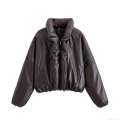 Women's Oversized PU Leather Puffer Jacket Faux Leather Warm Winter Coat With Stand Collar Elastic Hem Zipper Outerwear For Ladies Casual Fashion