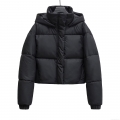 Women's Short Hooded Puffer Jacket Polyester Warm Quilted Windproof Coat For Winter Casual Ladies Solid Black Outerwear