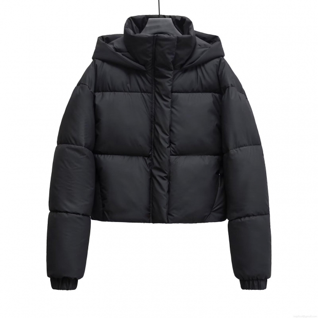 Women's Short Hooded Puffer Jacket Polyester Warm Quilted Windproof Coat For Winter Casual Ladies Solid Black Outerwear