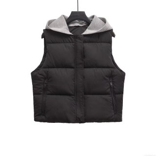 Women's Fashion Hooded Puffer Vest Winter Warm Spliced Quilted Sleeveless Jacket With Zipper Buttons Casual Cotton Filled Outerwear For Women