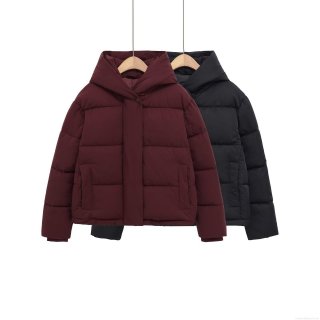 Women's Casual Hooded Puffer Jacket Short Cotton Padded Coat Winter Warm Windproof Quilted Outerwear Zipper Front Solid Color Jackets For Ladies
