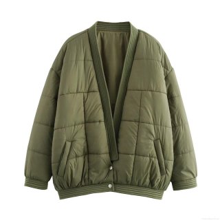 Women's Army Green Quilted Jacket Cotton Blend Loose Long Sleeve V-Neck Warm Puffer Coat For Casual Winter Outwear