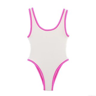 Women's One Piece Swimsuit Bodysuit With Pink Crochet Wavy Trim U Neck Backless Strappy Slim Fit Polyester Swimwear For Beach Vacation