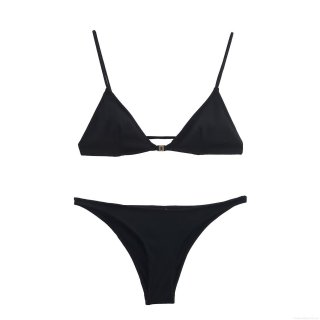 Women's Sexy Black Triangle Bikini Set Two Piece Swimsuit With Gold Metal Buckle Polyester Spandex Solid Color Beachwear For Vacation Swimming
