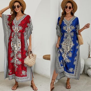 Women's Bohemian Print V-Neck Maxi Kaftan Dress With Waist Drawstring Ethnic Beach Cover-Up Summer Resort Wear One Size