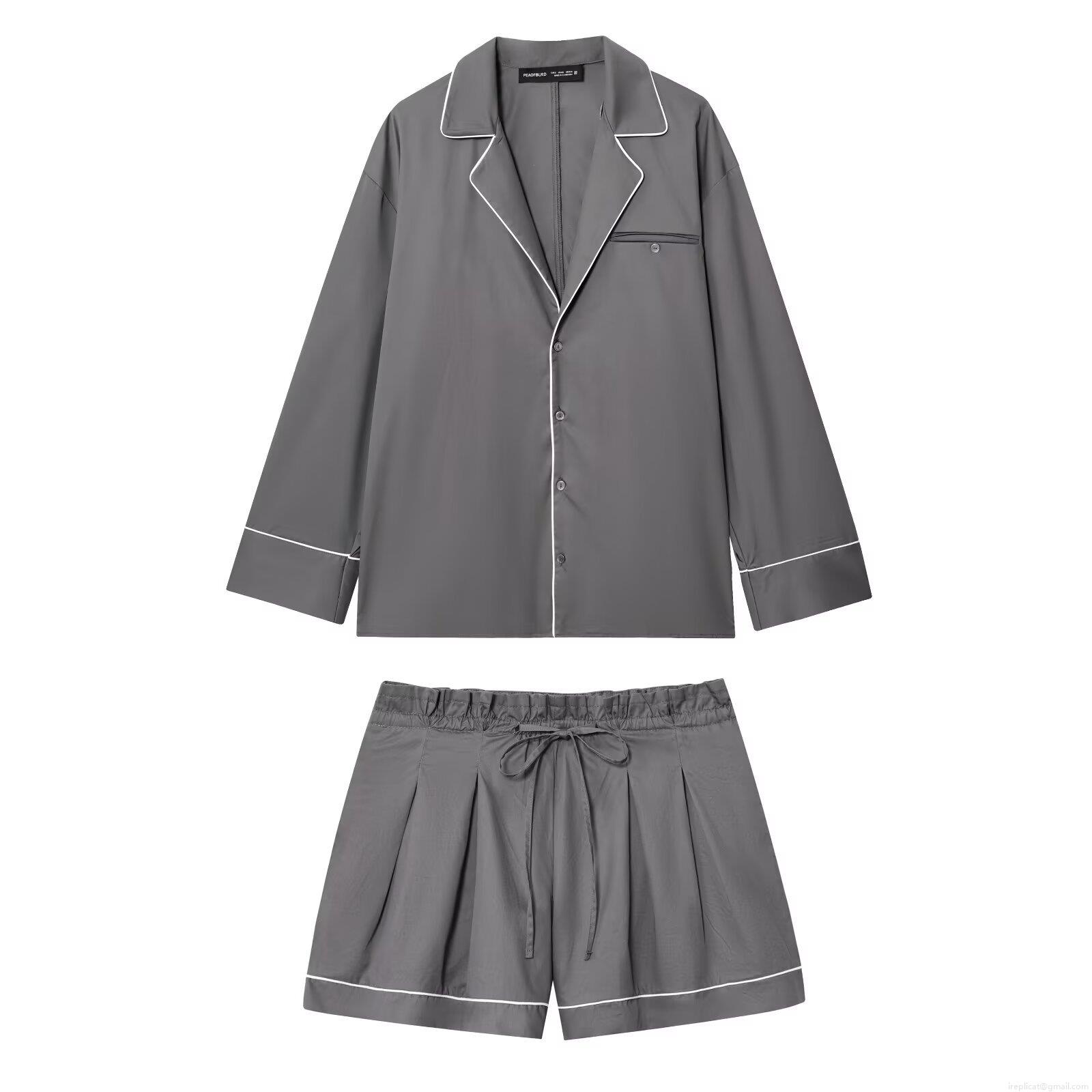 Women's 2 Piece Pajamas Set Contrast Piping Long Sleeve Button Down Shirt and Drawstring Waist Shorts Loungewear Set Home Wear