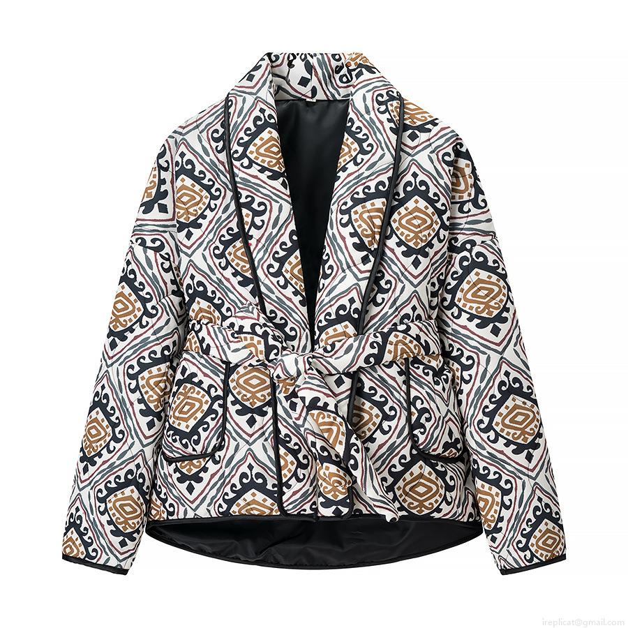 Ethnic Geometric Print Quilted Jacket With Waist Tie Women's Long Sleeve V-Neck Polyester Padded Outerwear Winter Casual Warm Streetwear Coat