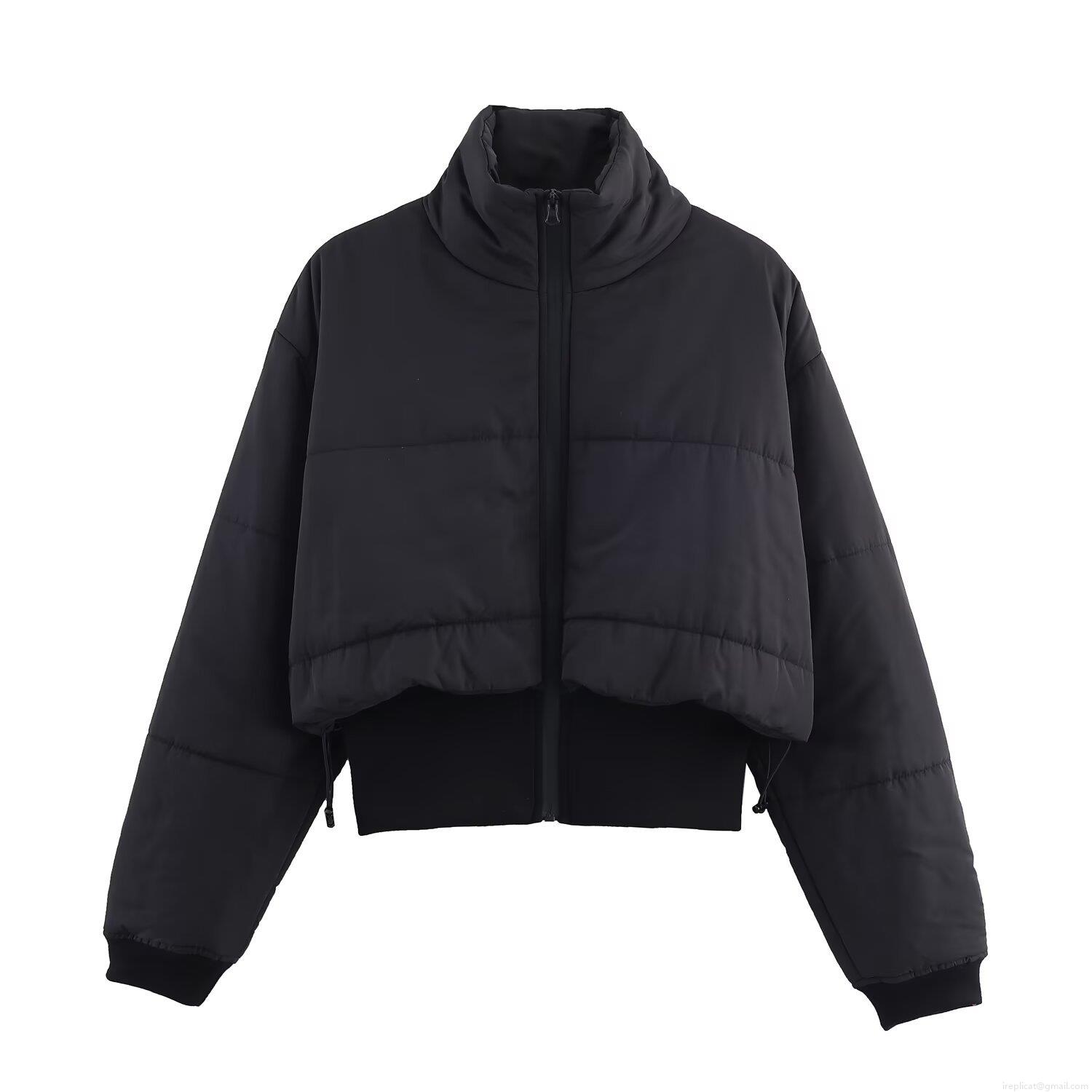 Women's Short Puffer Jacket Stand Collar Solid Black Quilted Padded Coat With Polyester Fiber Fill Warm Winter Outwear Streetwear Zip Up Jacket For Women