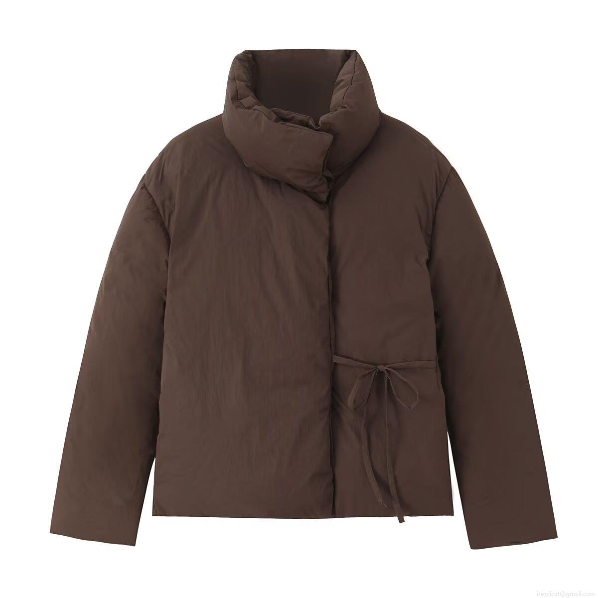 Women Short Padded Jacket Winter Warm Stand Collar Puffer Coat With Waist Tie Casual Solid Coffee Brown Long Sleeve Windproof Outerwear Jacket