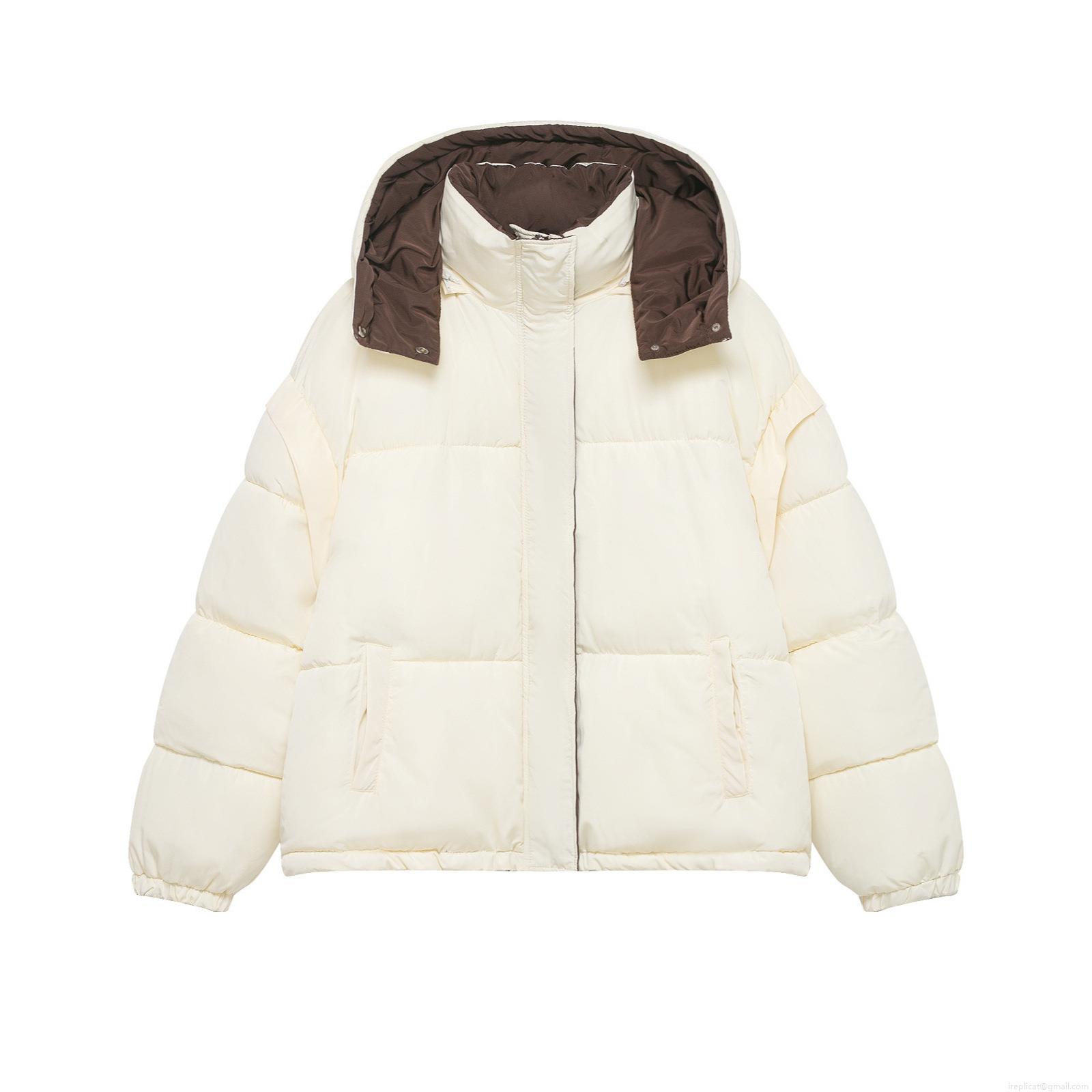 Women's Winter Contrast Hooded Puffer Jacket 100% Polyester Padded Coat Loose Fit Casual Warm Outerwear Windproof Zipper Button Closure For Ladies