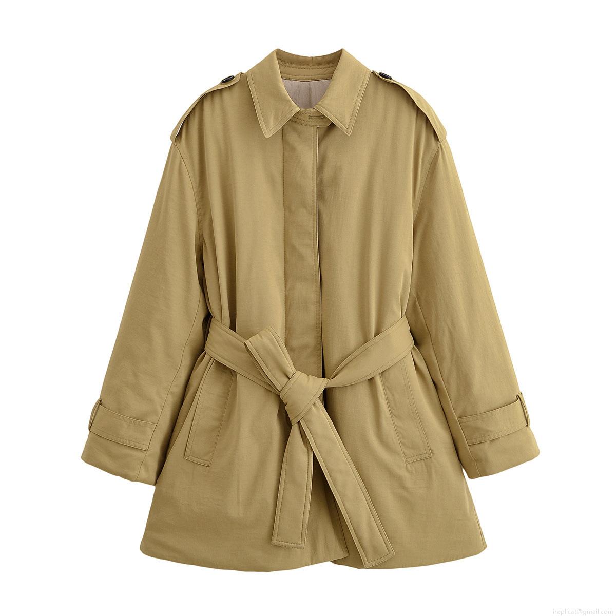 Women's Fashion Slim Fit Mid-Length Padded Trench Coat Jacket With Belt 100% Polyester Imitation Silk Cotton Lapel Outerwear Autumn Winter Casual Coat
